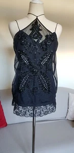 Esprit Size M Black Embellish Evening Silk Lace Halter Neck Spaghetti Strap Top - Picture 1 of 7