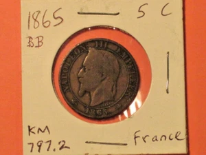 1865 BB 5 Centimes coin / France KM#797.2 / Napoleon - Picture 1 of 6