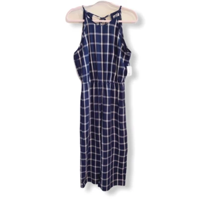 Maison Jules Window Pane Dark Navy Blue Tie Neck Jumpsuit Women's Size Med - Image 1 of 4