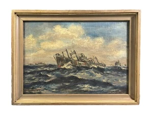 Maritime Meereslandschaft maritim Öl auf Leinwand Schiff Gemälde A. Brockie Stevenson WW2 - Bild 1 von 19