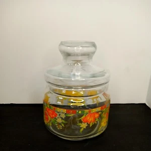 Vintage Clear Round orange yellow Floral Container w/ Lid 4" wide 6" tall - Picture 1 of 15