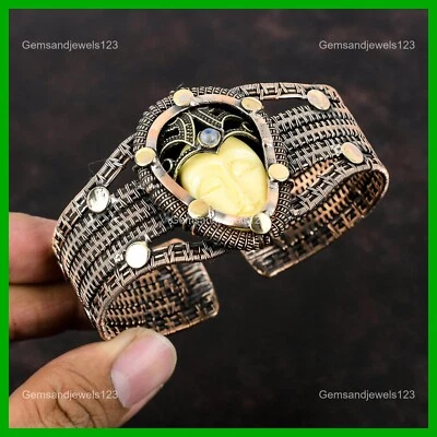 Brazalete de cobre envuelto en alambre de hermana piedra lunar arco iris piedra preciosa cara tallada blanca Foto 1 de 4