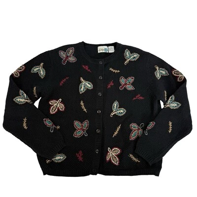 VTG Paul Harris Design Black Knit Cardigan Sweater Fall Leaves Embroidery Sz M - Image 1 of 4