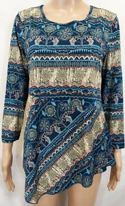 Top de mujer MÚLTIPLES talla pequeña azul, estampado floral dorado dobladillo desigual 5 % spandex - Imagen 1 de 13