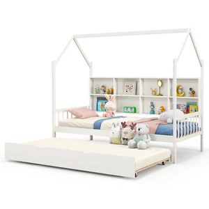 Wooden Twin House Bed Frame w/Trundle 2-in-1 Montessori Bed for Kids Boys Girls - Picture 1 of 8