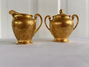 Vintage Pickard China Cream & Sugar Bowl Gold Encrusted Rose Etched EUC Lot of 2 - Picture 1 of 13