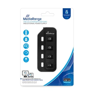 Rozdzielacz MediaRange USB 3.0 1:4 z oddzielnymi przełącznikami i zasilaczem, czarny - Zdjęcie 1 z 4