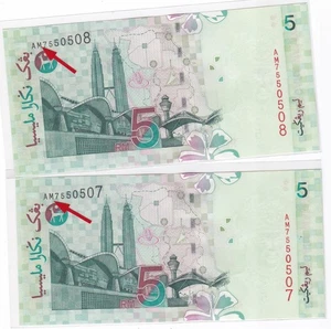 Mazuma *M5672 Malaysia Ali 10th $5 AM7550507-508 2 Running Error Last Prefix UNC - Picture 1 of 2