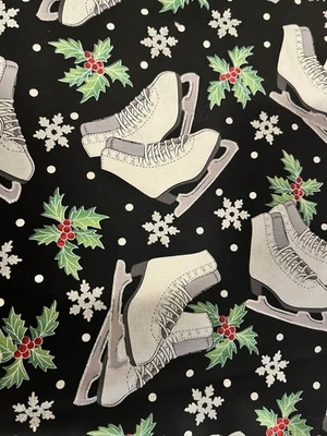 Cute Ice Skates On Black Background Fabric with Lots of Glitter 1.5 Yards x 44" - Image 1 of 2