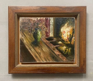 Bouquet de fleurs devant la cheminée, huile sur panneau, tableau, peinture, XXe - Imagen 1 de 8