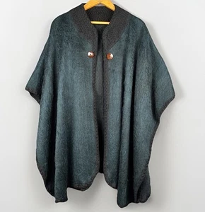 Poncho avvolgente in lana di alpaca peruviana taglia unica nero blu verde bordo all'uncinetto - Foto 1 di 10