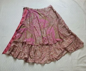100% SILK gypsy BOHO WRAP Skirt VINTAGE 90s PINK green WHITE paisley SIZE 8 -14 - Picture 1 of 4