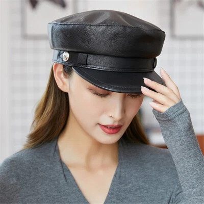 2022 Vintage Women Genuine Leather Sheepskin Peaked Caps Beret Newsboy Flat Hat  - Image 1 of 4