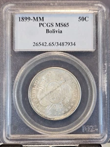 1899 BOLIVIA SILVER 50 CENTAVOS POTOSI MINT PCGS MS 65 BEAUTIFUL GEM BU COIN - Picture 1 of 3