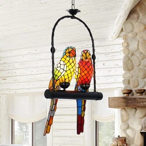 Vintage Stained Glass Style Parrot 2 Birds Chandelier Ceiling Pendant Lighting - Picture 1 of 9