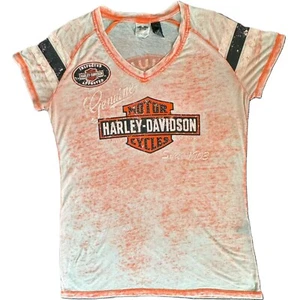 Y2k Harley Davidson Women L Rhinestone Double Sided Orange Black Distress Shirt - Picture 1 of 9