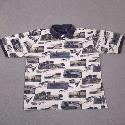 Puritan Fishing Print Polo Shirt Men's Large Cotton Waffle Knit Outdoor - Image 1 of 4