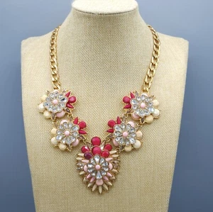 Joan Rivers Signed Pink Rhinestone Enamel Bib Gold Tone Statement Necklace 20" - Picture 1 of 9