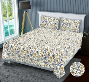 Reine Baumwolle bedruckt Bad Sheet Indisch Traditionell Doppelbettlaken mit 2 Kissen - Bild 1 von 4