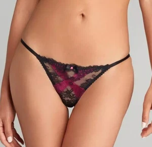 Agent Provocateur Maddy Thong Size 5 Black Pink Sheer Floral Lace Silk Blend New - Picture 1 of 8