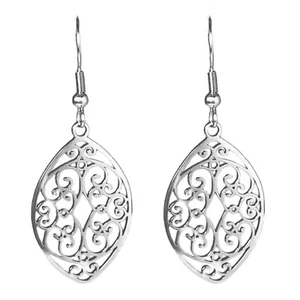 Silber Filigran Ohrringe Edelstahl Hänger Damen Cutout Wirbel 2 Zoll - Bild 1 von 6
