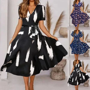 Sommer Freizeit Midi Sommerkleid Damen V-Ausschnitt Kurzarm Blumen Swing Kleid Damen - Bild 1 von 14