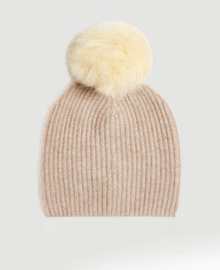 Ann Taylor Ribbed Cashmere Pom Pom Hat, Natural Tan, One Size, NWT - Picture 1 of 8