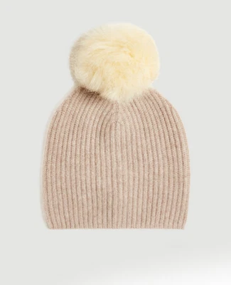 Sombrero con pompón de cachemir acanalado Ann Taylor, bronceado natural, talla única, nuevo con etiquetas Foto 1 de 4