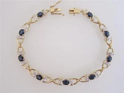 Trendy 14k. Gold Two Tone Ladies Blue Sapphire & Diamond Link Bracelet, Vintage - Image 1 of 4