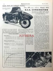 B.S.A. 'Model M33' 499cc Motor Cycle Combination - 1955 Magazine Report Cutting - Picture 1 of 1