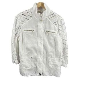 Chico's White Jacket Eyelet Zipper Pockets Lightweight Linen Womens Size 2 / M - Picture 1 of 7