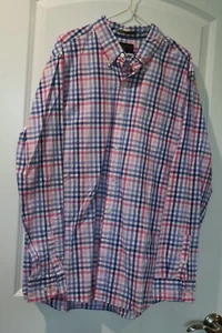 Men's Shirt Saddlebred Large Blue White Pink Plaid Button Up LS Button Collar - Picture 1 of 1
