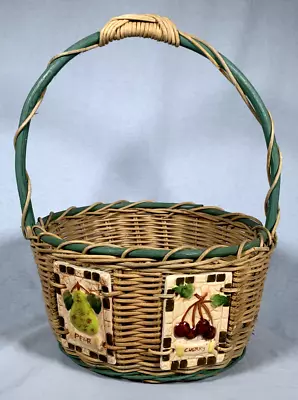 Vintage Large Wicker Basket with Ceramic Tiles Pear & Cherry 16" Tall X 11" Wide - Image 1 of 4