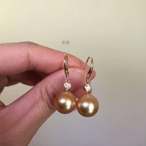 Gold Australia seawater pearl 0.16cts diamond 18K Gold earrings 32mm #21 - Picture 1 of 12