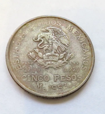 1953 MEXICO 5 PESO 27 7/9 G - LEY - 0.720 SILVER COIN WITH LETTERED EDGE - Image 1 of 4