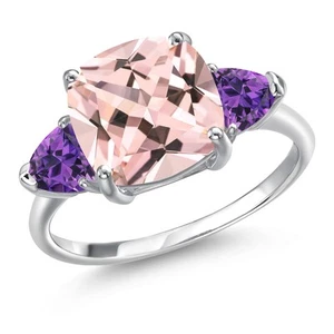 5.12 Ct Cushion Peach Nano Morganite Purple Amethyst 10K White Gold Ring - Picture 1 of 6