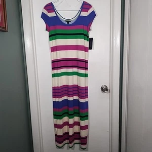 Tommy Hilfiger Women's S Maxi Dress Pink Green Striped Capped Sleeve Cotton NWT - Picture 1 of 8