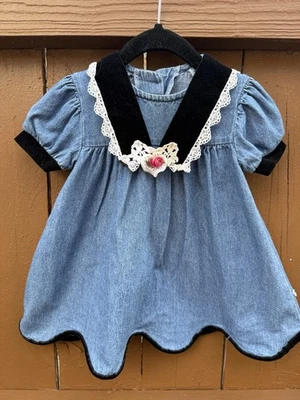 Vestido Vaquero Evy Baby Vintage Años 90 Cuello Terciopelo Encaje y Apliques Rosa EE. UU. 18M Defecto Foto 1 de 4