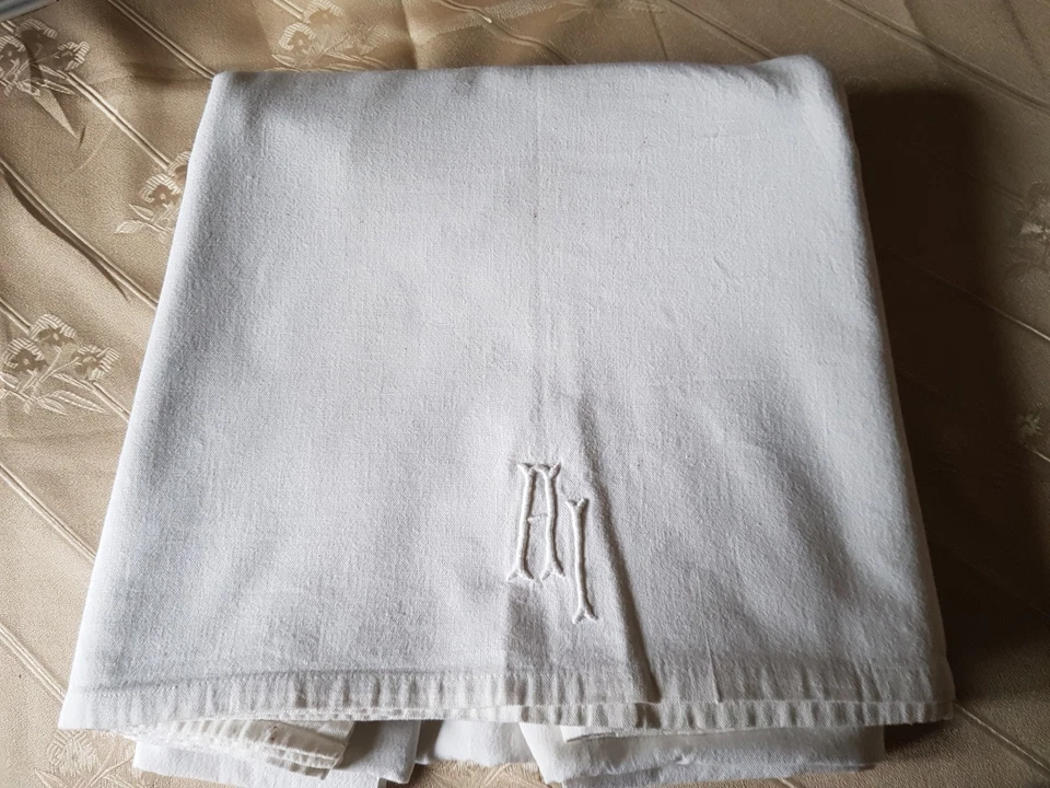 DRAP blanc ancien avec monogramme AI (en LIN ?) 190 cm x 270 cm - Photo 1/1
