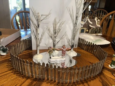 Lemax Retired Ice Dancers With Pond 3 Birch Trees And Picket Fence Excellent - Image 1 of 4