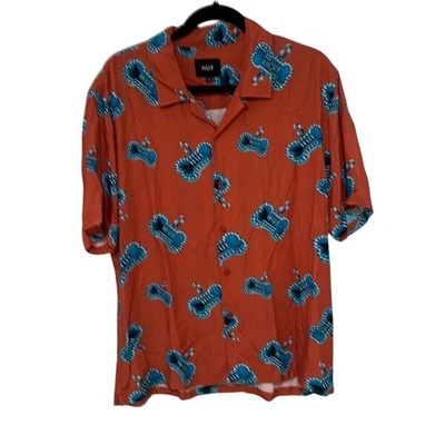 NUEVO CON ETIQUETAS Camisa Huf Para Hombres Estampado Hueso Rosa Cuello Manga Corta Abotonada Talla Mediana Foto 1 de 4