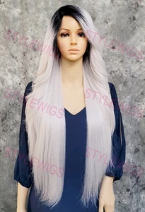 Grey/White Dark Rooted Extra Long Straight Lace Front Human Hair Blend Wig EVFA - Picture 1 of 9