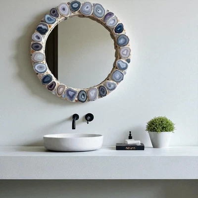 18" Luxury Handmade Grey Agate Wall Mirror Frame Stunning Natural Stone Mirror - Image 1 of 4
