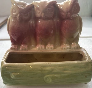 Vintage Eule Keramik Übertopf 3 Eulen auf Baumstamm Mid Century grün rosa - Bild 1 von 10