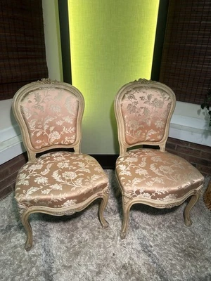Antique 19th C Provincial French Louis XI Slipper Chairs Louis XVI Chairs Silk - Image 1 of 4