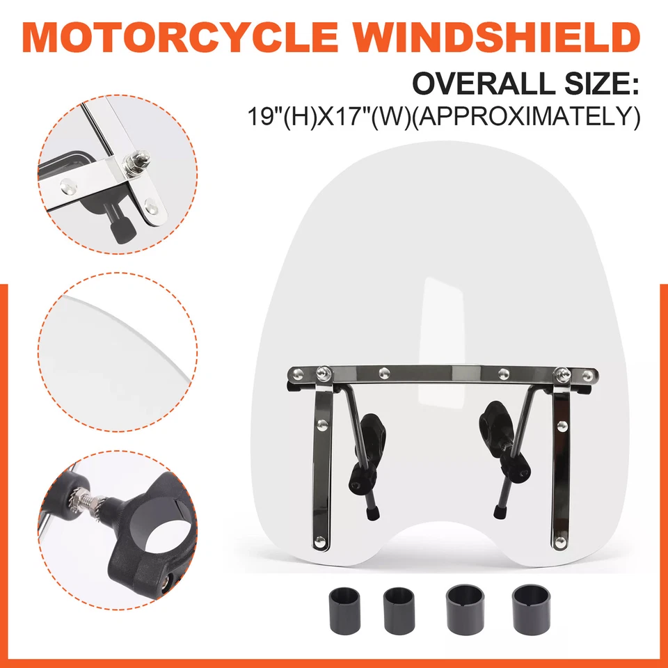 1" 7/8" 1-1/4" Handbar 19"x17" Windshield For Kawasaki Vulcan VN 500 750 800 900 - Image 1 of 4