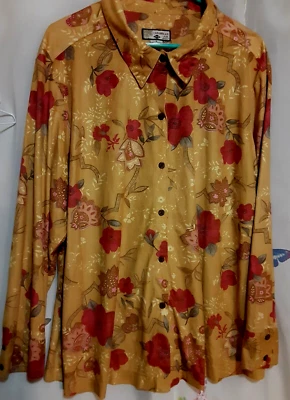 Camisa para mujer Caribbean Joe talla 1X botón frente mangas largas mostaza estampado floral Foto 1 de 4