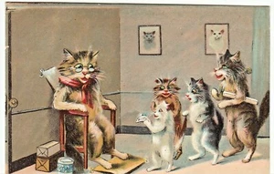 Tarjeta postal vintage de gatitos antropomórficos Boulanger leer para gato con gafas - Imagen 1 de 2