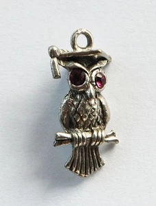 VINTAGE CAST METAL GRADUATION OWL PENDANT CHARM • RHINESTONE EYES - Picture 1 of 5