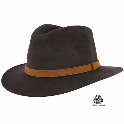 Gents Crushable 100% Wool Felt Trilby Fedora Hat With Leather Band Waterproof